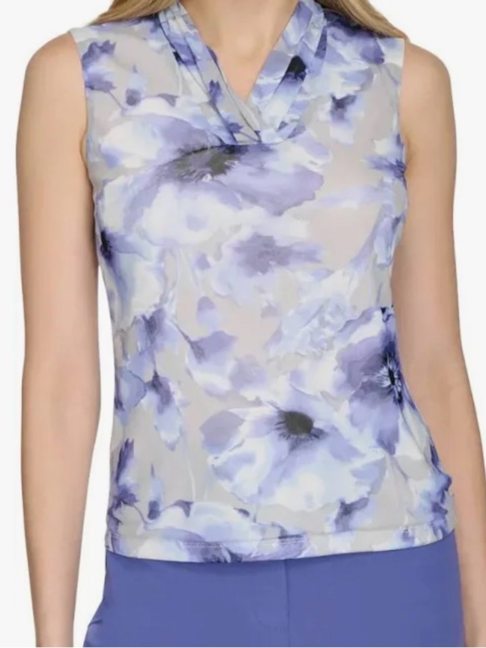 Sleeveless Lavender Floral Draped Neck Top - Calvin Klein - NWT - XL - Picture 1 of 5